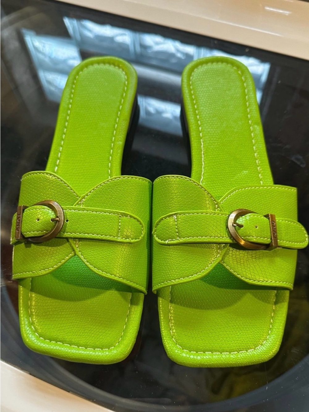 Bright Lime Green Buckle Slide Sandals